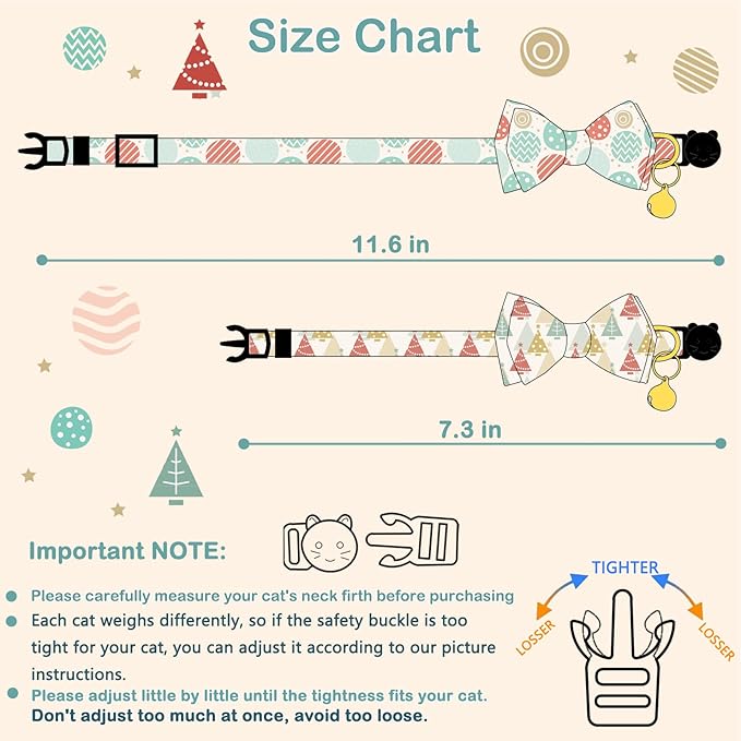 2 Pack Cotton Christmas Cats Collar with Bow Tie Beige Red Green Cat Collars for Girl Female Boy Male Cat Collar with Bell Christmas Trees Charms