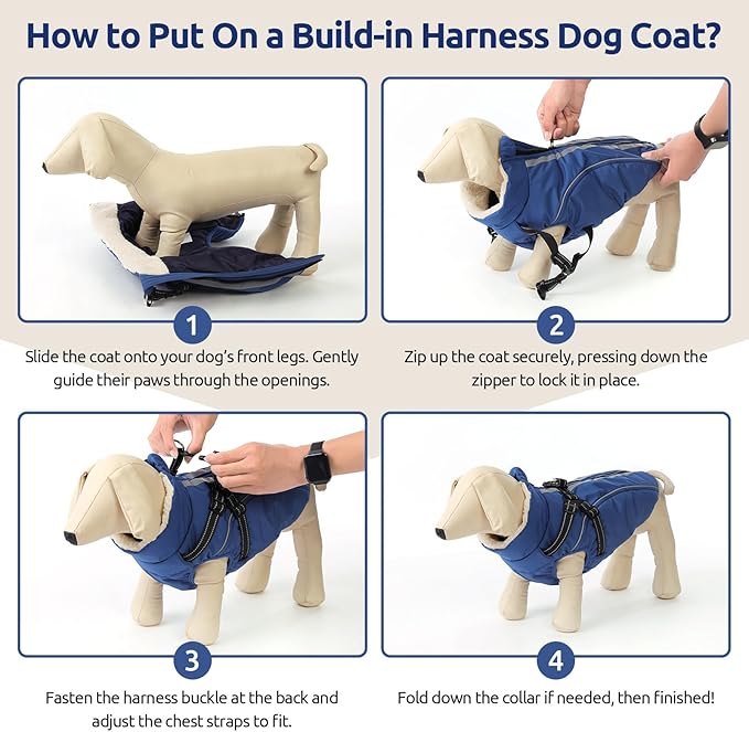 Dog Winter Coat with Harness Built in Warm Puffer Dog Jackets for Small Medium Large Dogs Windproof Waterproof Outfit with Plush Lining and Reflective Stripes (Blue, M)