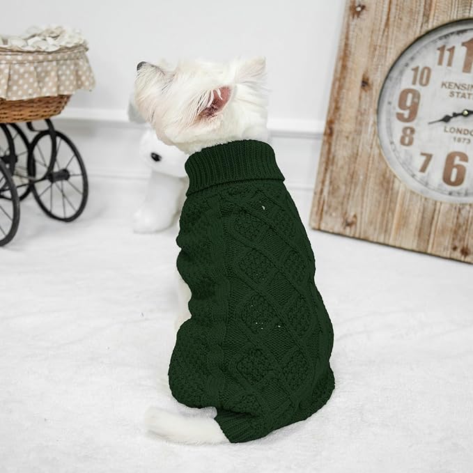 Mihachi Turtleneck Dog Sweater - Winter Coat Apparel Classic Cable Knit Clothes with Leash Hole for Cold Weather, Ideal Gift for Pet in New Year Army Green Small/Medium