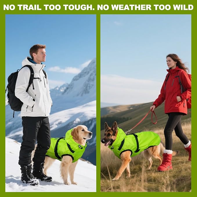 Dog Rain Jacket for Medium Dogs Waterproof with Hood, Reflective Dog Rain Coat with Adjustable Built-in Harness & Back Zipper, for Rainy Walks, Muddy Roads - Fluorescent Green M