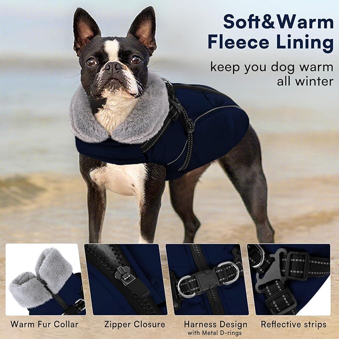 Queenmore Large Dog Jackets,Dog Coats for Extra Large Dogs with Harness Built in,Reflective Waterproof Dogs Jackets with Fleece Lining,Warm Snowsuit Pet Coats for German Shepherd,NavyBlue,XXXL
