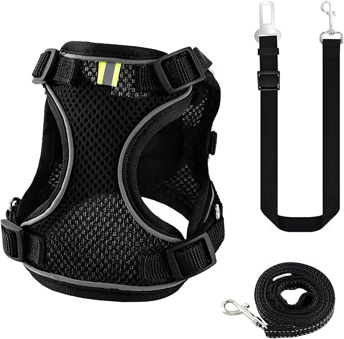 Kitten Cat Harness and Leash Set, Escape Proof Soft 4-Adjustable Cat Walking Vest Harness, Reflective Strips in Harness for Kitty Puppy Bunny Car Travel, with Car Seatbelt Leash (Black, XXS)