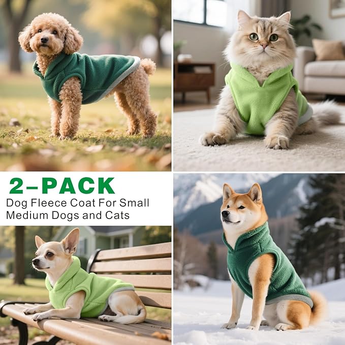 Idepet 2 Pack Dog Fleece Vest Sweater Warm Pullover Jacket with D-Ring Leash Reflective Winter Coat Hoodie for French Bulldog Pug Chihuahuas Yorkies Dachshunds(Dark Green&Grass Green,X-Large)