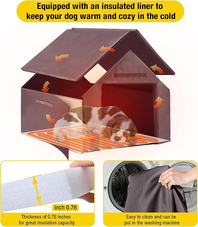 Dog House Outdoor, Insulated Dog Kennel Outside for Large Breed, 50.87" L Weatherproof Large Dog Shelter with Anti-Chewing Iron Frame (Brown-H, 45" D x 32.9" W x 32.6" H)