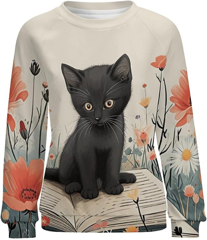 Long Sleeve Shirts for Women Cat Oil Painting Shirt 3D Graphic Sweatshirts Fall Pullover Crewneck Vintage Boho Tops