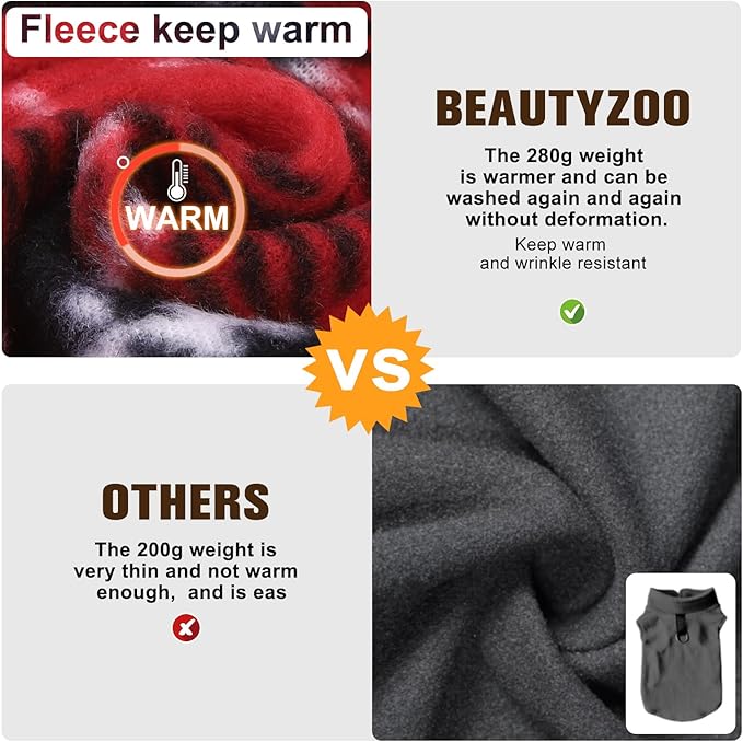 BEAUTYZOO Dog Fleece Vest Sweater Winter Jacket for Small and Medium Dogs with D-Ring Leash Cold Weather Coat Hoodie for XS S M Dogs Boy or Girls, Red Buffalo XS