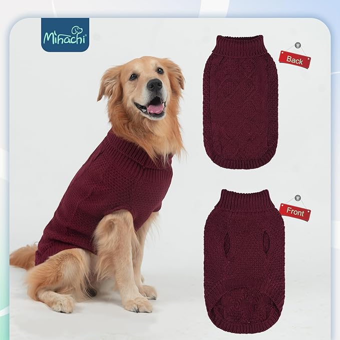 Mihachi Turtleneck Dog Sweater - Winter Coat Apparel Classic Cable Knit Clothes with Leash Hole for Cold Weather, Ideal Gift for Pet in New Year Wine Red X-Large