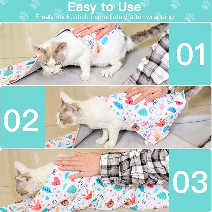 Cat Wrap for Grooming Self-Adherent Cat Wrap for Cutting Nails Cat Grooming Wrap Cat Burrito Wrap Anti-Bite, Anti-Escape Cat Swaddle Wrap 2PCS (Green Kitten-M & Floral-XL, M & XL)