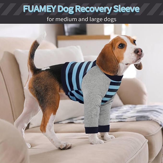 FUAMEY Dog Recovery Sleeve with Elbow Protector,Dogs Shirt Stop Licking Joints,Pet Long Sleeve Suit Protecting Dog's Front Leg Arm Wounds Cover Skin Conditions Blue Stripe 2XL