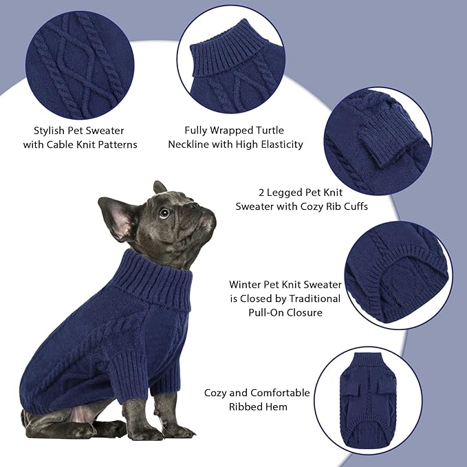 Queenmore Small Dog Pullover Sweater, Cold Weather Cable Knitwear, Classic Turtleneck Thick Warm Clothes for Chihuahua, Bulldog, Dachshund, Pug (Dark Navy, Large)