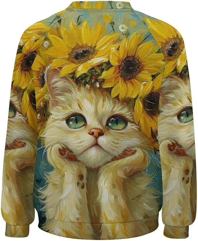 Long Sleeve Shirts for Women Cat Oil Painting Shirt 3D Graphic Sweatshirts Fall Pullover Crewneck Vintage Boho Tops