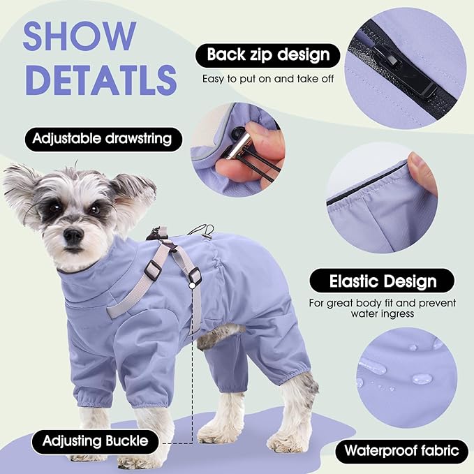 BRKURLEG Dog Raincoat for Small Dogs, Small Dog Rain Jacket with Harness Built in, Waterproof 4 Legs Puppy Raincoats, Puppy Outdoor Jacket with Reflective Strip, Purple, S