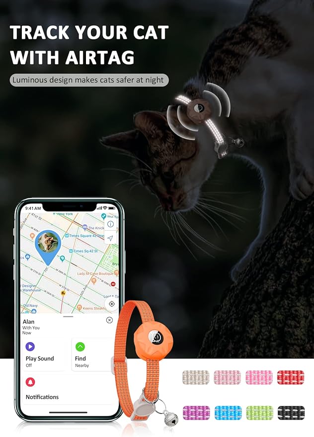AirTag Cat Collar, Reflective Kitten Collar Breakaway Apple Air Tag Cat Collar, GPS Cat Collar with AirTag Holder and Bell, Lightweight Tracker Cat Collars for Girl Boy Cats Puppies (Orange)