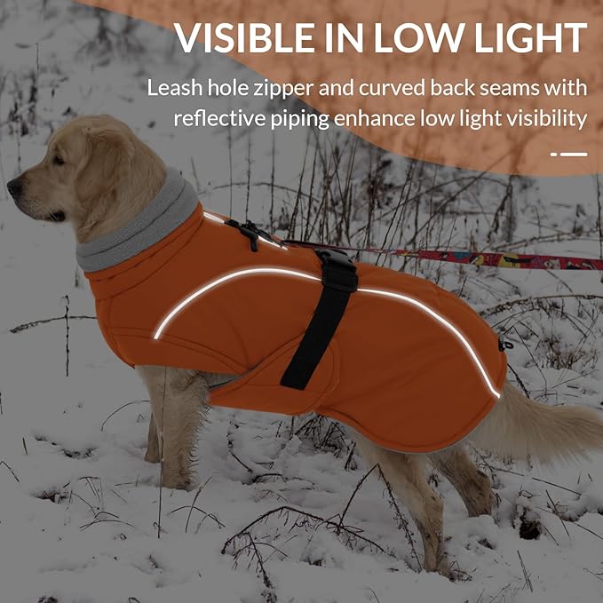 Queenmore Winter Dog Coat Warm Dog Jacket Vest Waterproof Puffer Fleece Snowsuit Adjustable Buckle Leash Hole Reflective Cold Weather Parka for Small Medium Large Dogs Girl Boy Orange L