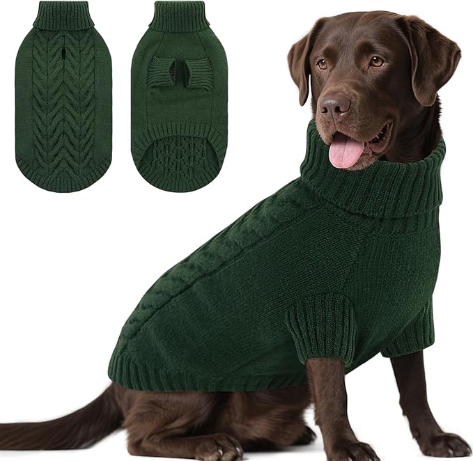 Dog Sweaters for Large Dogs Classic Turtleneck Dog Christmas Sweater Thick Warm Pullover Male Puppy Pet Stretch Knitwear Fall Winter Clothes with Leash Hole(Green, 2XL)