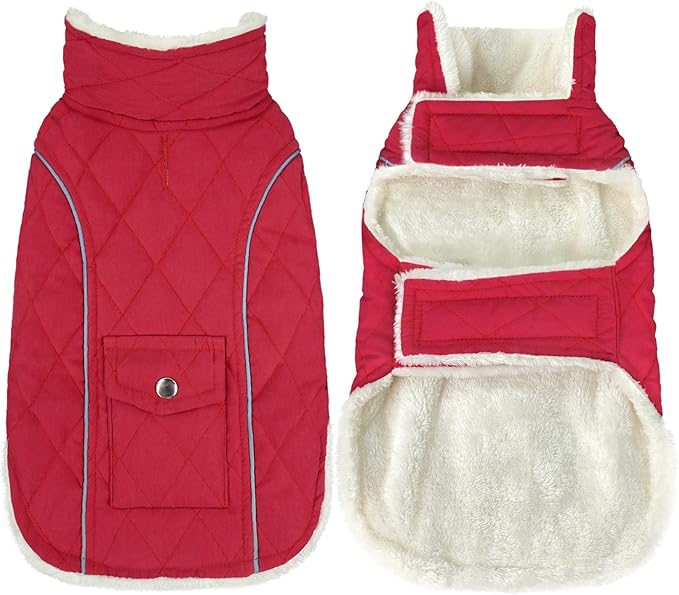 Malier Dog Winter Coat, Windproof Dog Cold Weather Coats with Real Pocket, Winter Extra Warm Pet Coat Fleece Jacket Reflective Clothes for Small Medium Large Dogs and Puppy (Red, Small)