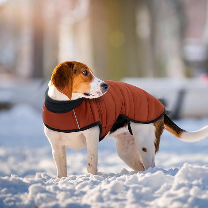 IDOMIK Dog Winter Coat, Warm Waterproof Dog Puffer Jacket with Harness Hole, Adjustable Reflective Snow Jacket Vest with Turtleneck, Pet Cold Weather Coats for Medium Dogs,Caramel,M