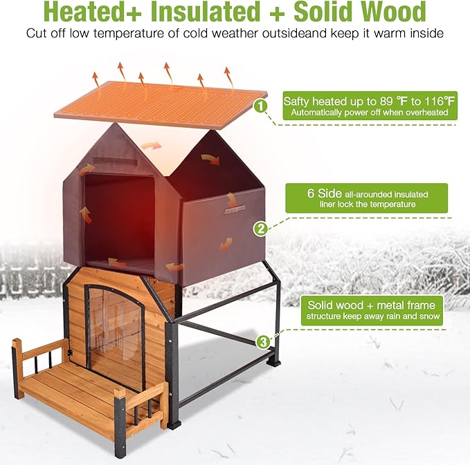 GUTINNEEN Heated Dog House for Outside Insulated Large Dog House Outdoor with Safe Heated Pad, Chew-Proof Metal Frame and Insulated Liner for Medium to Large Dogs, 37.4" L x 50.9" W x 37.2" H