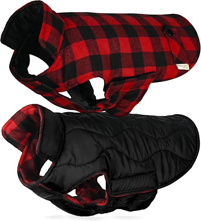 VIVAGLORY Softjoy Dog Coat, Dog Jacket for Winter & Christmas, Coat with Harness Hole & Velcro Closure, Reversible Plaid Checkered Warm Fluffy Heavy Duty for Puppy, M, Red Black