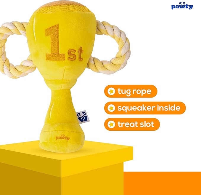 Trophy Interactive Dog Toy - Interactive Snuffle Tug Rope Enrichment Pet Toy - Tough Durable Birthday Gift for Aggressive Chewer Puppy - Cute Squeaker Plush for Teething - Parody Dog Toy