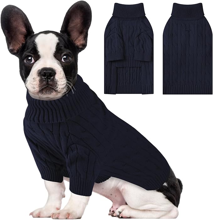 Small Dog Thermal Pullover Sweater, Classic Turtleneck Cable Knitwear Dog Clothes for Cold Weather Warm Pet Clothes for Chihuahua, Bulldog, Dachshund, Pug Navy Small