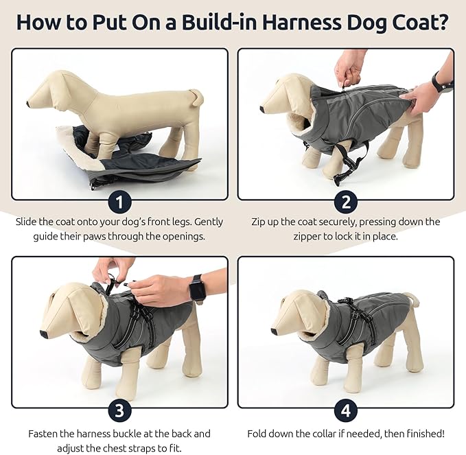 Dog Winter Coat with Harness Built in Warm Puffer Dog Jackets for Small Medium Large Dogs Windproof Waterproof Outfit with Plush Lining and Reflective Stripes (Grey, M)