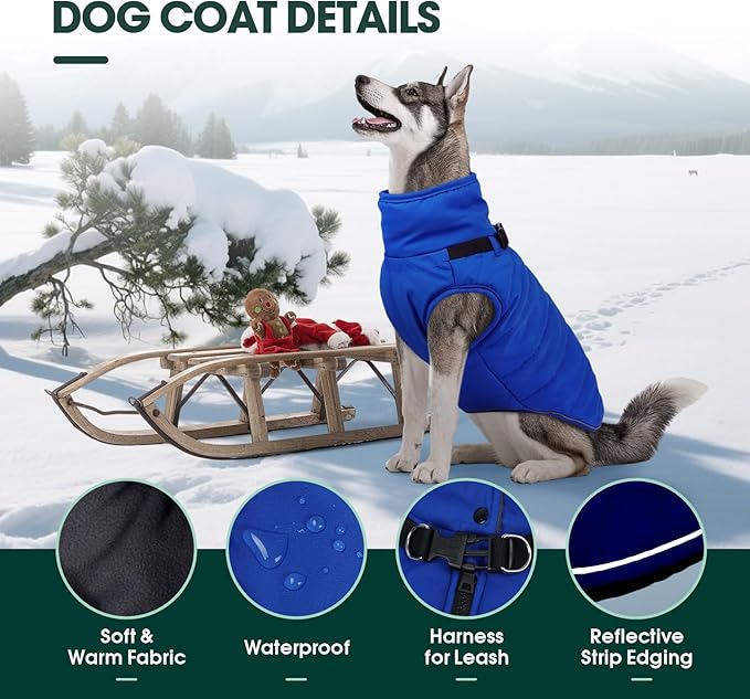 Kuoser Dog Jacket, Warm Dog Coat with Harness Built in for Small Dogs, Puppy Winter Jacket Pet Clothes for Cold Weather, Windproof Doggie Winter Vest for Pug Dachshund, Blue S