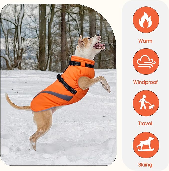BRKURLEG Dog Winter Jackets for Large Dogs, Dog Coat with Harness Built in, Dogs Snowsuits with Zipper, Waterproof Windproof Pet Puffer Jacket Fleece Vest for Labrador, German Shepherd, Orange XXXL
