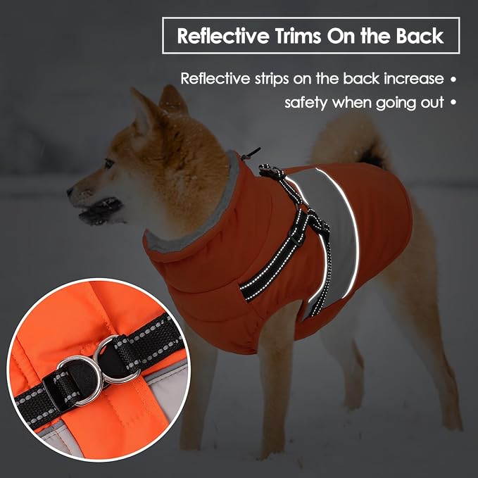 SUNFURA Small Dog Coat with Harness Built in, Warm Dog Jacket Winter with Zipper On Back, Waterproof Pet Snow Jacket Snowsuit Pet Sweater Clothes for Puppy, Orange XS