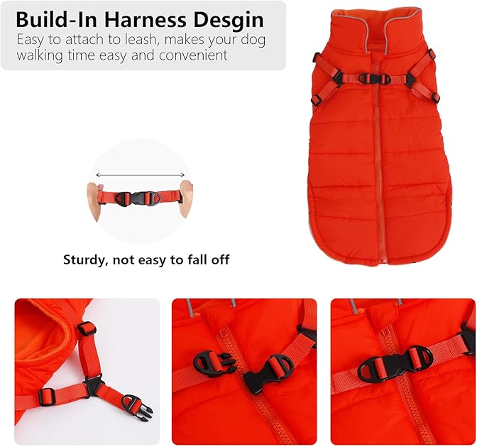 Geyecete Winter Warm Coat Waterproof Dog Winter Jacket with Harness Traction Belt,Windproof Pet Outdoor Jacket Dog Autumn-Orange-L