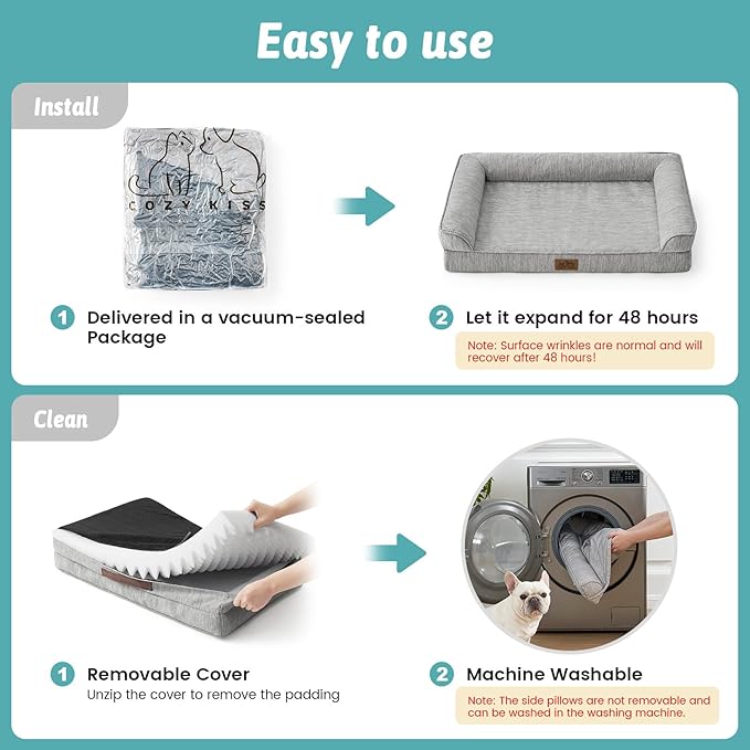 Cooling Dog Bed, Orthopedic Foam Dog Bed with Sides, Removable Washable Cover & Waterproof Lining and Nonskid Bottom, Comfortable Pet Beds for Small Dogs, Grey (30" L x 20" W x 6" Th)