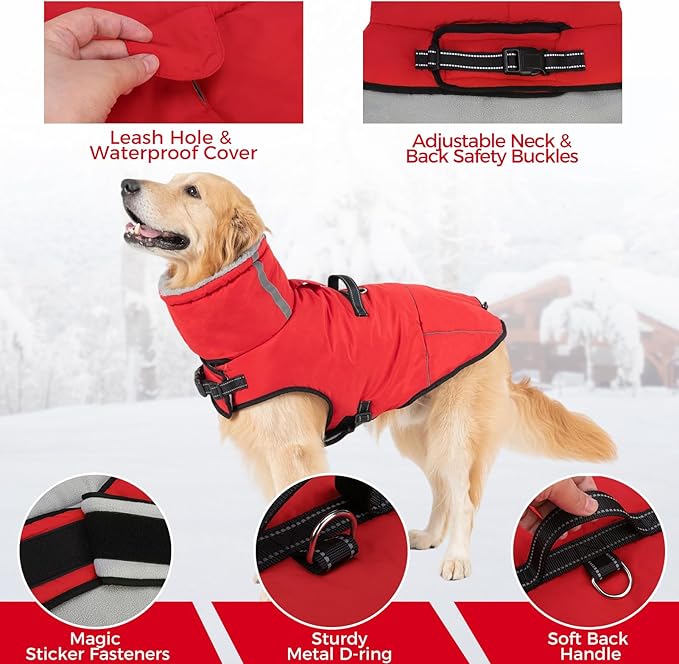 Mihachi Dog Coat for Large Dogs, Warm Dog Winter Coat Waterproof Dogs Jacket with Harness Built in Reflective Pet Fleece Vest, Puppy Cold Weather Coats Turtleneck & Windproof Pet Snowsuit, Red XL