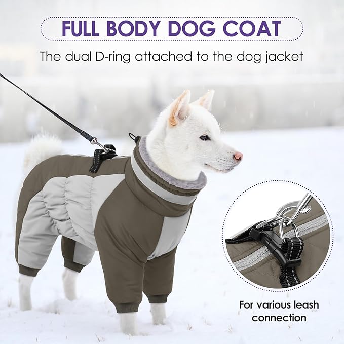 SUNFURA Full Body Dog Coat - Warm Fleece Jacket for Medium Dogs, Turtleneck Winter Coats with Harness, Reflective Dog Snowsuit Windproof Puffer Jackets with Legs for Boston Terrier, Army Green M