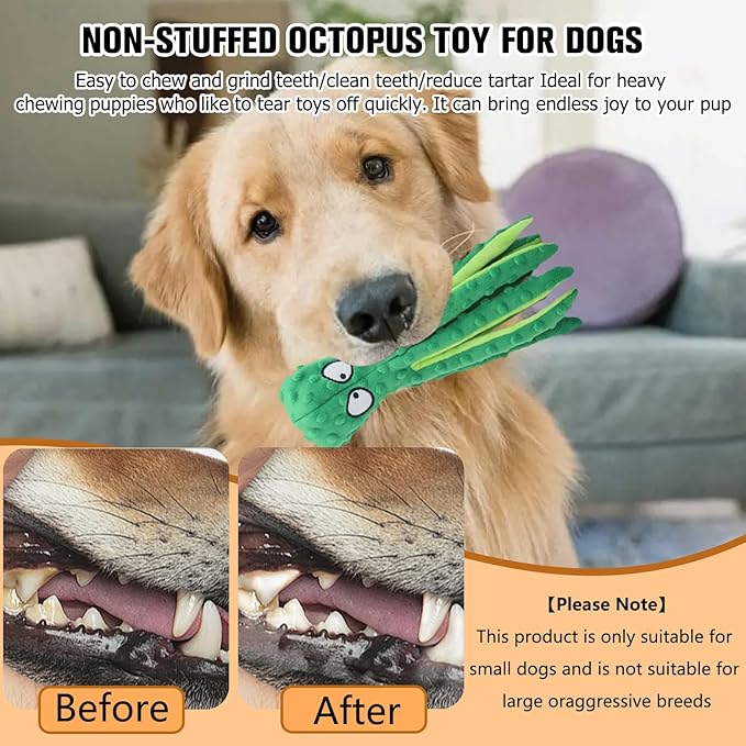 Dog Squeaky Toys Octopus, No Stuffing Plush Toys, Squeaky Octopus Dog Toy - Durable Plush for Puppies, Interactive Dogs Toys for Aggressive Chewers (Green+Orange)