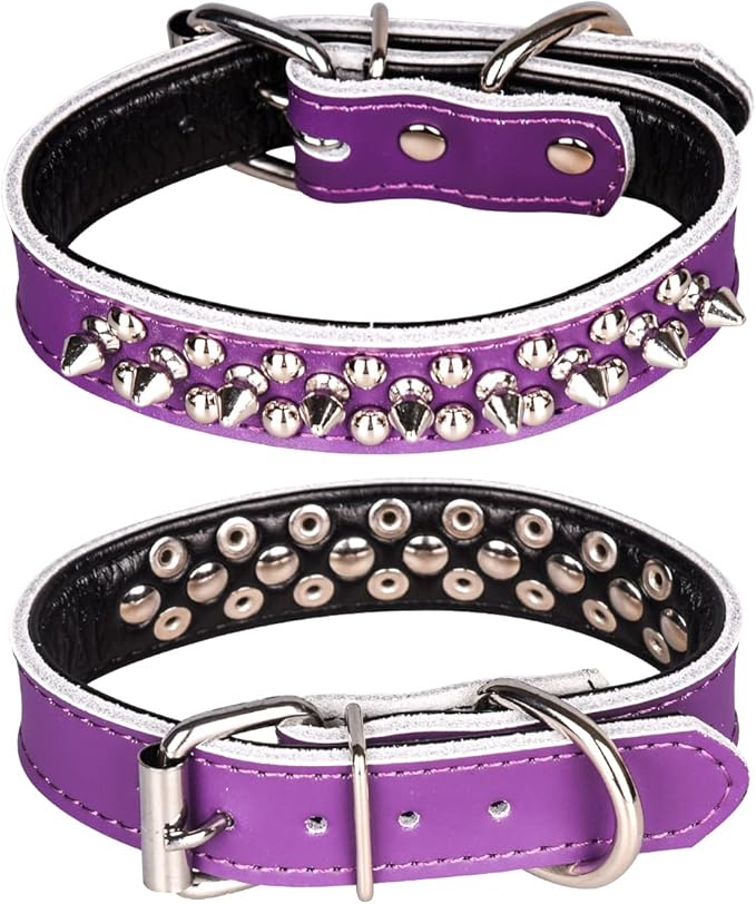 Adjustable Genuine Leather Spiked Studded Dog Collars for Small Medium Large Pets Like Pit Bull Bulldog Pugs Husky (S, Purple)