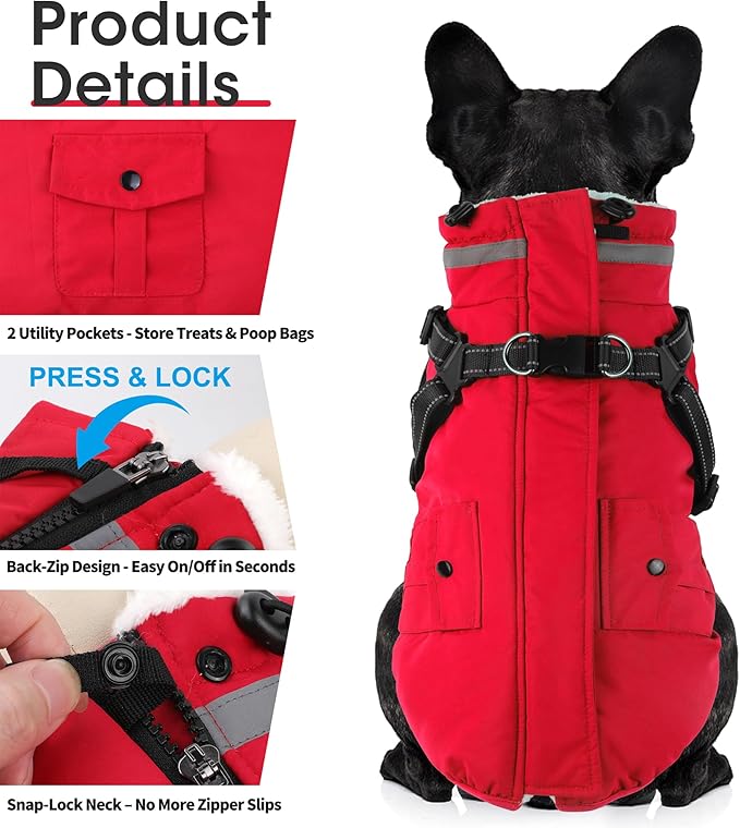 Dogcheer Dog Coat with Harness, Waterproof Warm Dog Winter Jacket with Pockets, Reflective Pet Fleece Jacket Turtleneck Snowsuit for Small Medium Large Dogs - Red, 3XL