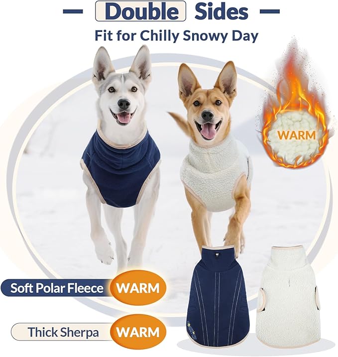 ROZKITCH Reversible Dog Fleece Jacket, Adjustable Double-Sided Vest for Chilly Winter, Super Warm Fleece Sherpa Sweater with Embroidery, Plush Sweatshirt for Small Breeds DarkBlue M