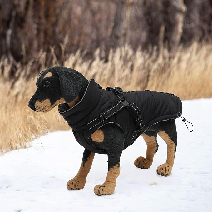 Geyecete Warm Waterproof Winter Dog Coat With Harness Traction Belt - Pet Outdoor Jacket for Autumn and Winter - Medium, Small Dogs - Black-M