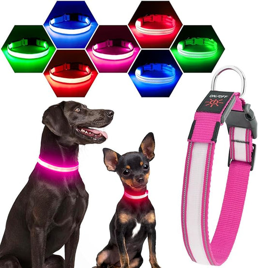 Visinite LED Dog Collar USB Rechargeable, Reflective Light Up Pet Collar for Night Walking, Adjustable Glow Collar for Small Medium Large Dogs (Pink, L)