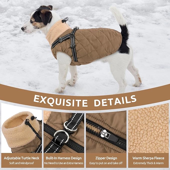 Queenmore Dog Winter Jacket, Dog Coats for Large Dogs, Warm Cozy Pet Jacket Winter with Harness Built in, Waterproof Pet Snow Jacket, Thick Fleece Lining Snowsuit for Large Dogs, Brown L
