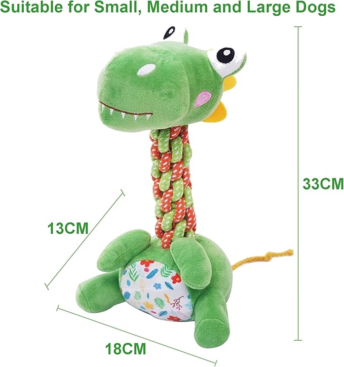 Large Squeaky Plush Dinosaur Dog Toy Durable Chew Toy for Aggressive Chewers Interactive Tug of War Fetch Toy Soft Rope Neck for Small Medium Large Dogs