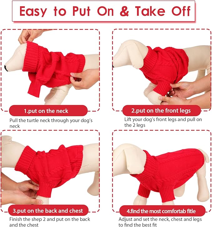 Queenmore Small Dog Pullover Sweater, Cold Weather Cable Knitwear, Classic Turtleneck Thick Warm Clothes for Chihuahua, Bulldog, Dachshund, Pug (Red, X-Large)