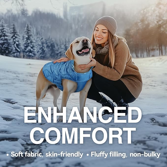 VIVAGLORY Softjoy Dog Coat, Dog Jacket for Winter & Christmas, Coat with Harness Hole & Velcro Closure, Reversible Plaid Checkered Warm Fluffy Heavy Duty for Puppy, L, Blue