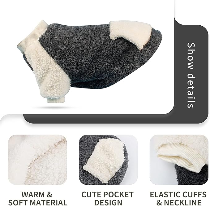 LESYPET Dog Sweater for Small to Medium Dogs, Fleece Lining Puppy Sweatshirt in Winter, Warm Puppy Clothes Pullover Jumper, Grey S