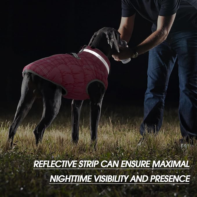 FUAMEY Dog Coat for Large Dogs,Waterproof Dog Winter Jacket with Harness Built in Puppy Cold Weather Coats Reflective Pet Vest with Zipper Warm Fleece Dogs Snowsuit Windproof Rose Plaid XL