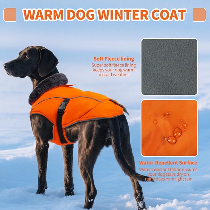 DENTRUN Extra Large Warm Dog Jacket - Windproof Water Repellent Reflective Coat, Adjustable Plush Turtleneck, Easy Wear Fleece Lined Cold Weather Vest for Great Dane, Orange, XXXL