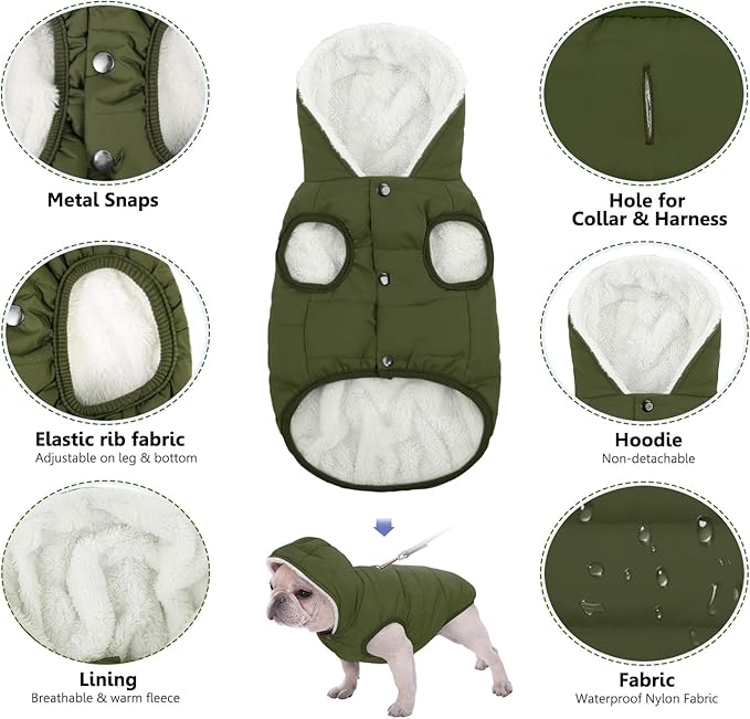 Fleece Hoodie, Windproof Waterproof Coat, Winter Warm Jacket, Cold Weather Pet Apparel Clothes Vest for Small Medium Large Dogs (S, Green)