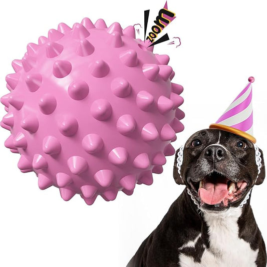 Apasiri Dog Toy Squeaky Ball: Bacon-Flavored Rubber Interactive Spiky Ball for Anxiety Relief, Indestructible Pet Toy for Medium/Large Dogs, 3.5-Inch-Perfect Party Gift - Pink