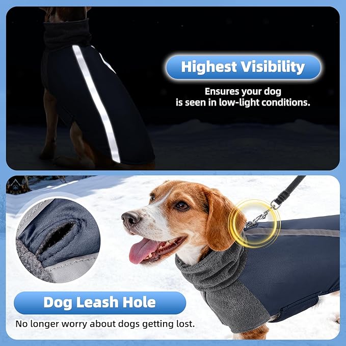 SlowTon Winter Dog Coat, Warm Polar Fleece Lining Doggie Outdoor Jacket with Turtleneck Scarf Reflective Stripe Adjustable Waterproof Windproof Puppy Vest Soft Pet Outfits (S,Dark Blue)