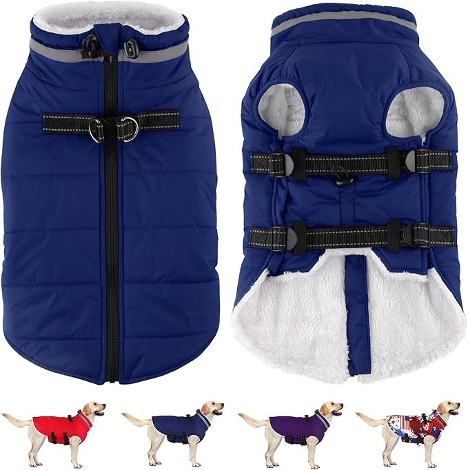 Dogcheer Dog Coat, Waterproof Dog Jacket with Harness, Reflective Adjustable Puppy Winter Coat with Zipper, Christmas Snow Jacket Clothes for Small Medium Large Dogs - Blue 2XL
